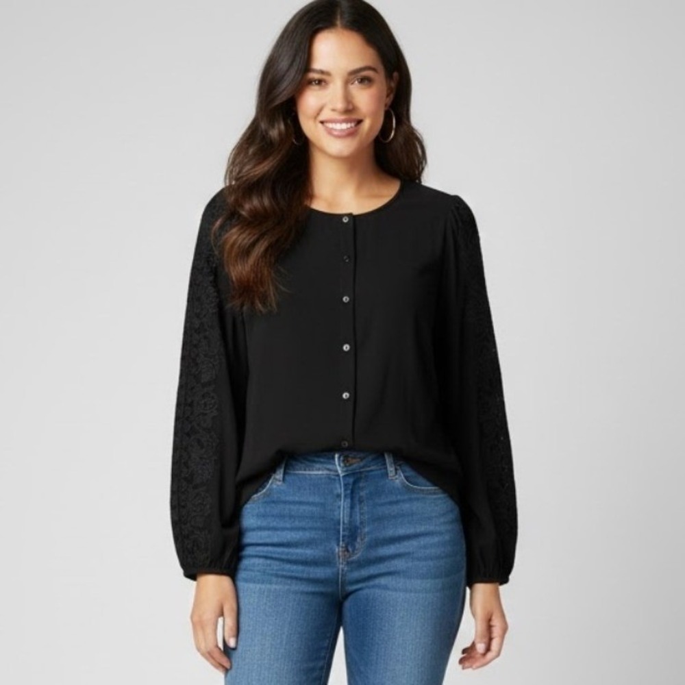 danielrainn Women's‎ L Black Embroidered Sleeve Button Front Top Boho Romantic